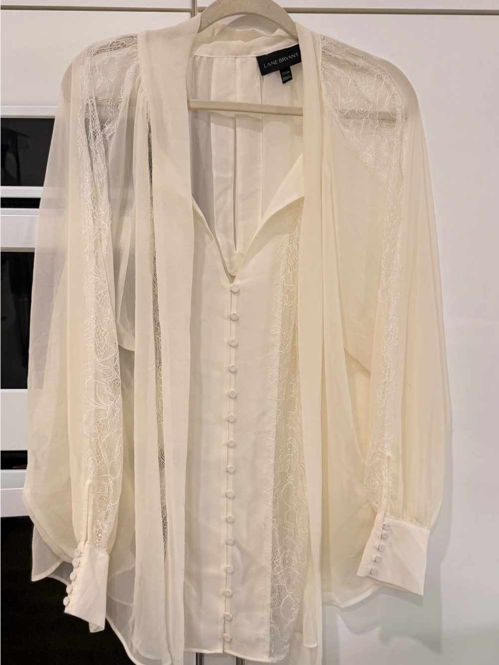 Lane Bryant Cream Sheer Lace Button-Front Blouse with Scarf Tie